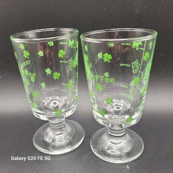 Libbey Vintage Irish Coffee Recipe Footed Clear with Green Shamrocks Glass Mugs - Picture 2 of 8